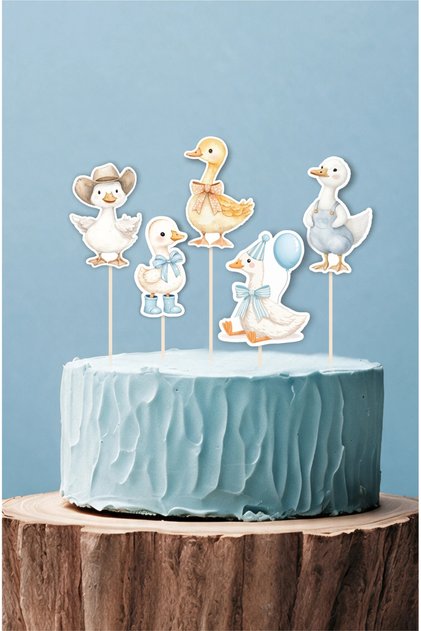 Cute Blue Ducks Themed Birthday Toothpick Cake Decoration