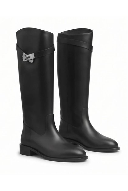Women's Black Belt Buckle Detailed Below-Knee Riding Boots Low Heel Comfortable Sole
