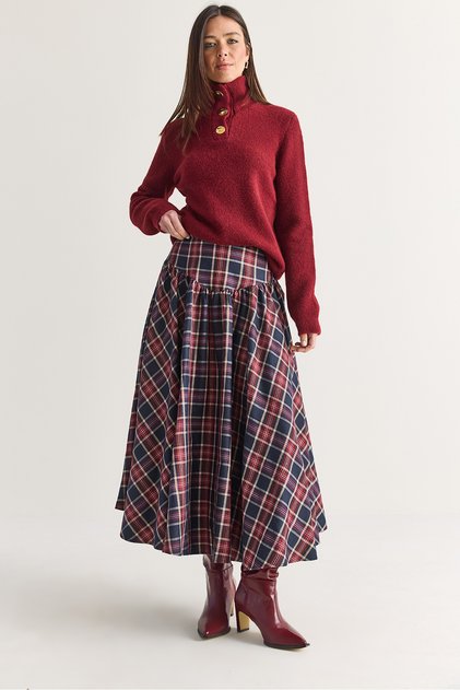 Women's Burgundy-Navy Blue Plaid Patterned High V Cut Roba Detailed Gathered Midi Skirt De261124 60286730
