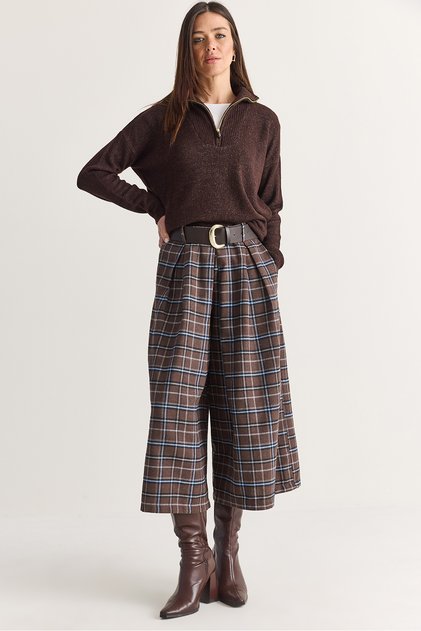 Women's Brown-Blue Plaid Patterned Belted High Pleated Culotte Trousers Dp261058 60286731