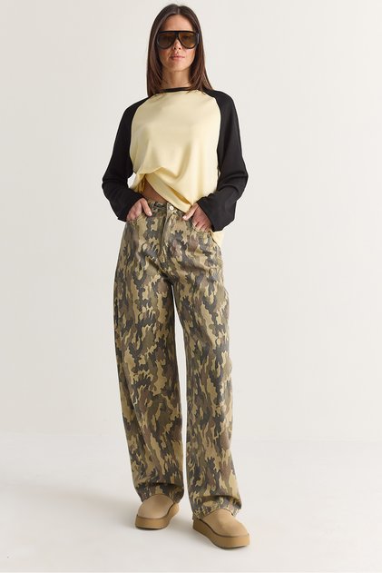 Women's Green Camouflage Patterned High Baggy Wide Leg Denim Trousers Dp261066 60286732