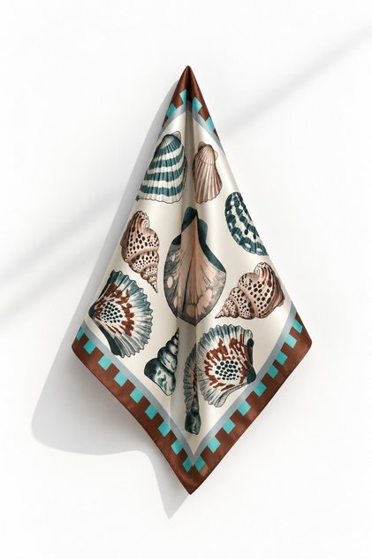 Seashell Patterned Brown Satin Scarf 50X50 cm – Silky Textured Stylish Women's Neck and Bag Scarf