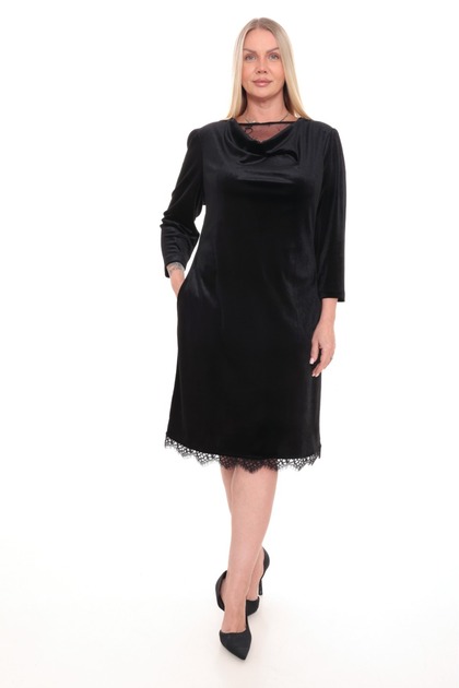Plus Size Degaje Collar Lace Hem Velvet Dress