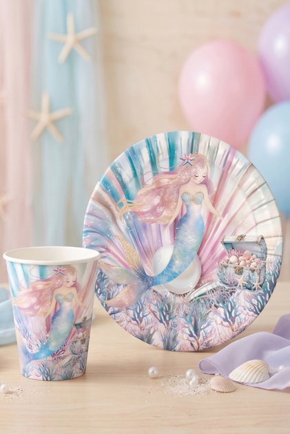 Lilac Mermaid and Underwater Themed Set of 8 Plates and Cups