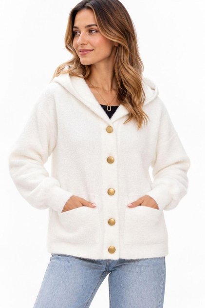 New Season Women's Hooded Gold Buttoned Pocketed Soft Textured Lightweight Wool Look Knitwear Cardigan