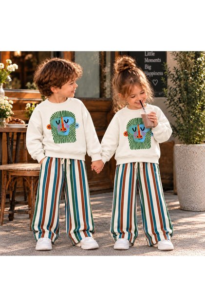 The Monkey Printed Sweatshirt and Striped Sweatpants 3İp Girls' & Boys' Top and Bottom Set
