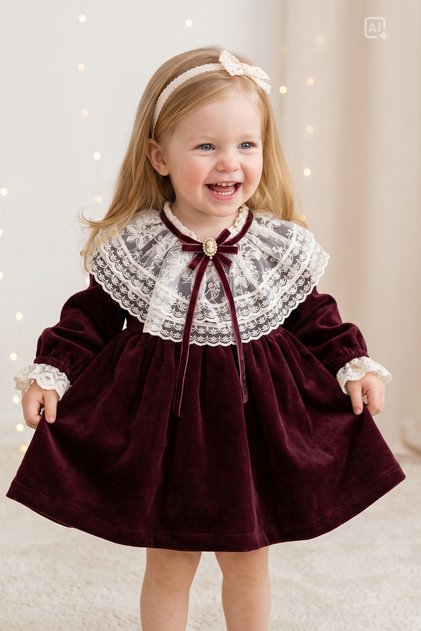 Baby Girl Velvet Dress with Lace Collar and Vintage Brooch, Birthday Wedding Special Occasion Holiday Dress