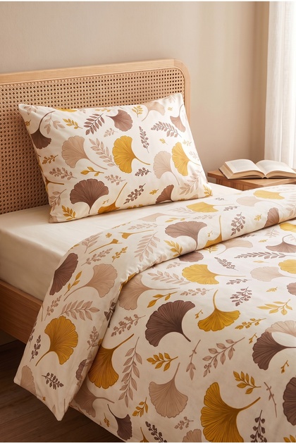 Ginkgo Patterned Single Duvet Cover Set |   Cotton |   160X220 cm Duvet Cover, 1 Piece 50X70 cm Pillowcase and Fitted Sheet |   Stylish and Elegant