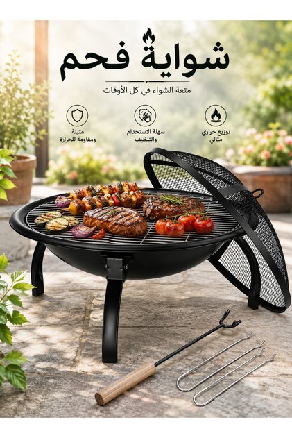 شواية فحم خارجية مع غطاء شبكي للحماية والتحكم بالشواء، شبك شواء معدني قابل للإزالة لسهولة التنظيف، أرجل ثابتة، منقل شواء، شواية رحلات، شواية تخييم