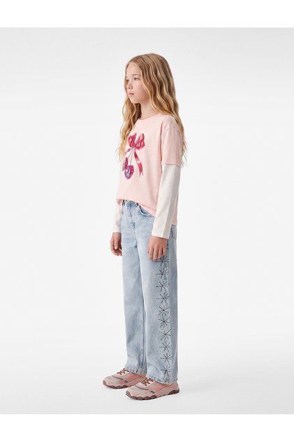 Girls Pink Graphic Print Round Neck Long Sleeves T-Shirt