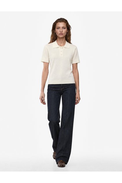 Women Cream Plain Polo Collar Short Sleeves Sweater