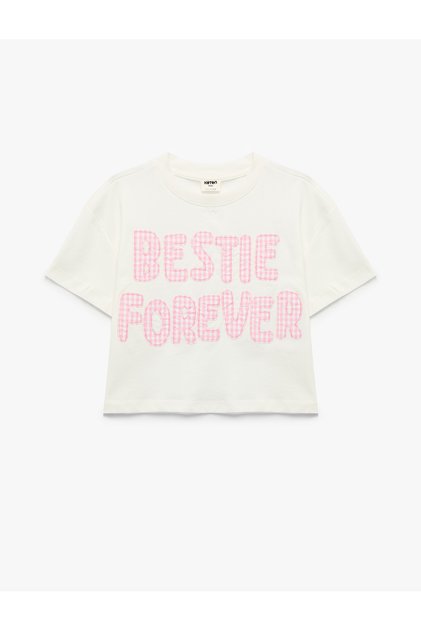 Girls White Applique Text Round Neck Short Sleeves T-Shirt