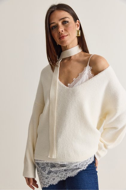 Women's Cream Oversized Knit Sweater, Satin Lace Blouse, and Scarf Set 2861 60286653.