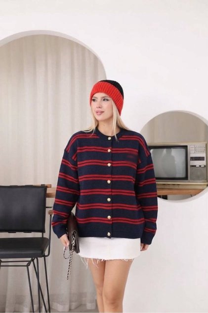 Mı Mu Navy Blue-Red Striped Buttoned Knitwear Cardigan