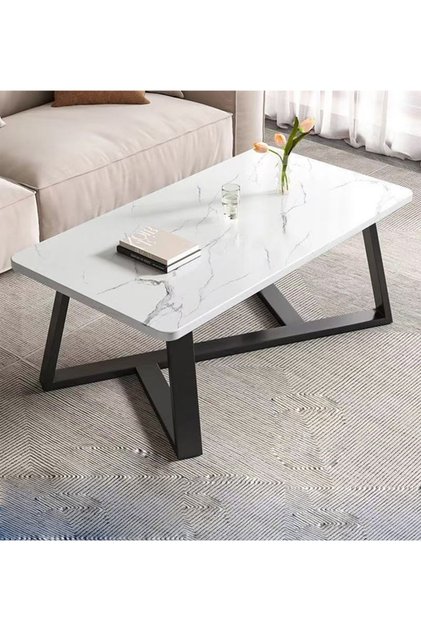 Modern Rectangular Coffee Table with Wooden White Marble-Look Top and Black Geometric Metal Legs, 80×40 cm
