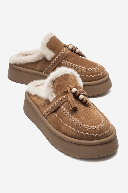 Dursley Tan Suede Genuine Leather Fur Tasseled Women's Slippers