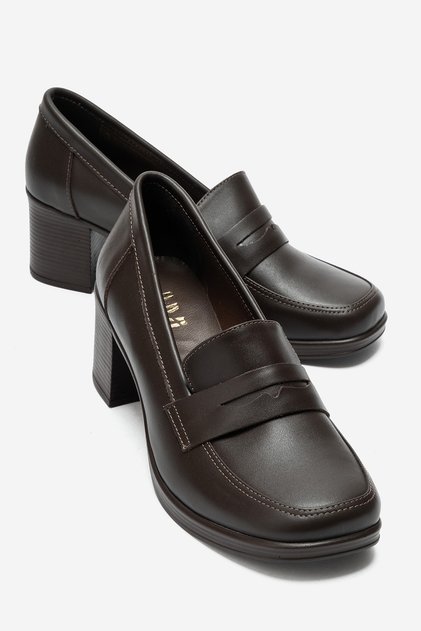 Kellys Brown Skin Genuine Leather Women's Heeled Loafer Shoes