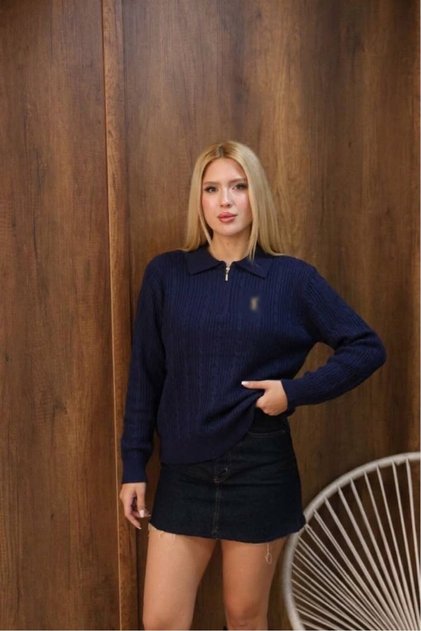 Y L Navy Blue Half-Zip Embroidered Sweater