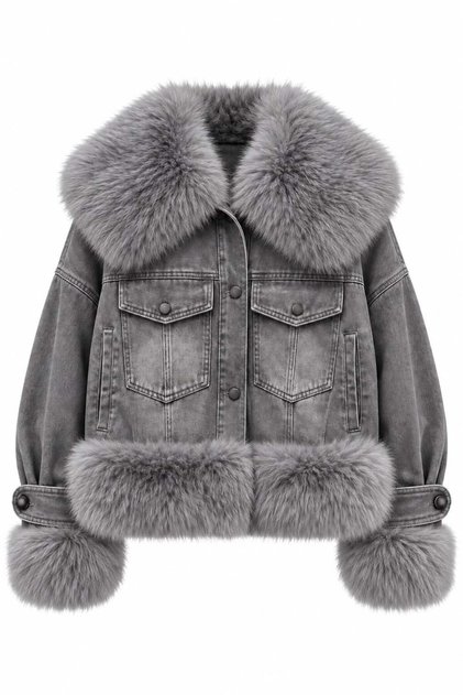 Gri İthal Kürk Yaka Denim Mont