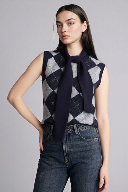 Fitted Shawl Collar Argyle Patterned Sweater H3789Ax26Sp
