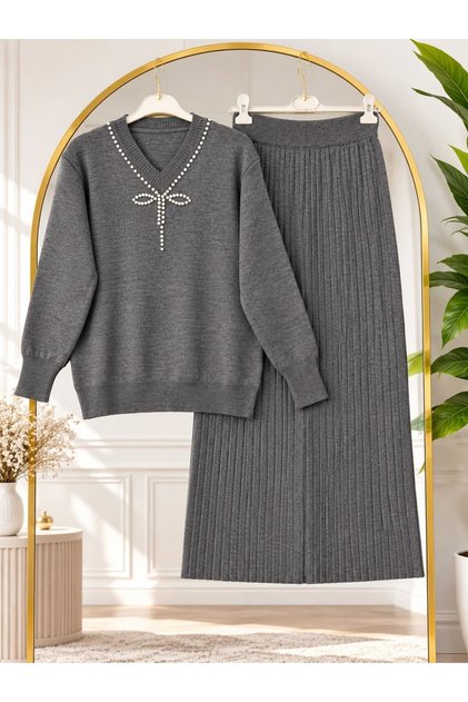 Women's Hijab Stone Embroidered Skirted Knitwear Set Dark Gray