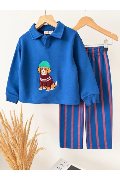 Boys' 3-Ply Cotton Dog Embroidery Sweat Striped Pants Lower and Upper Set