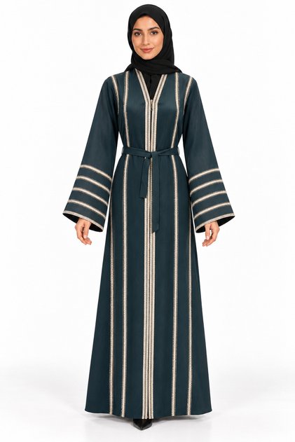 Abaya with Embroidered Lines and Belt | Striped Embroidered Abaya with Belt