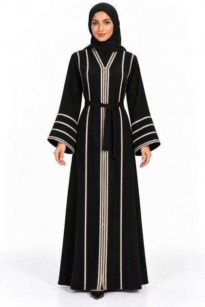 Abaya with Embroidered Lines and Belt | Striped Embroidered Abaya with Belt