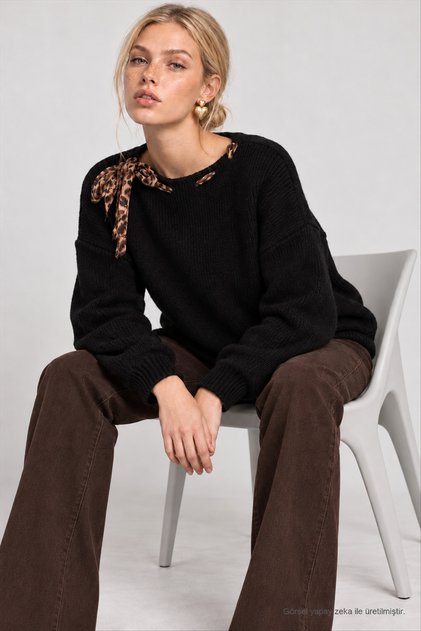 Scarf Detailed Oversize Knitwear Sweater Lkr0001 Black