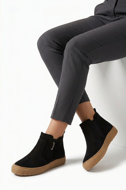 Merlos Yan Double Rubber Genuine Leather Women's Daily Boots Black Nubuck