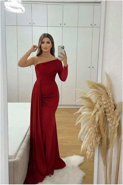 Pleated Dress with Train and Off-the-Shoulder Neckline, Maxi Evening Gown, Single Fabric · Color: Cobalt · Size: M BX