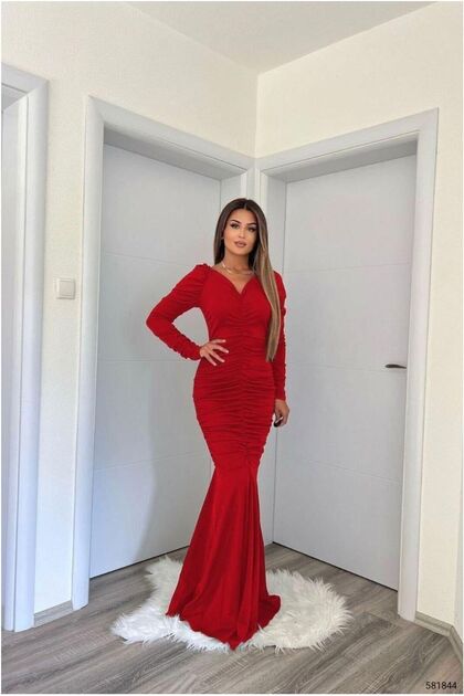Crepe Evening Dress, V-Neck, Fishtail Cut · Color: Red · Size: M BX