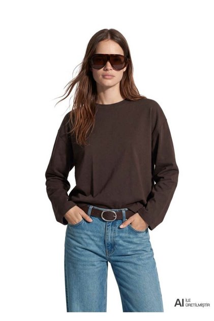 Women's Brown Long Sleeve Basic T-Shirt Black Coffee Sweatshirt