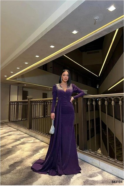 Double-Breasted Long Stone Evening Gown with Wrap Neckline and Sleeve Detail · Color: Emerald · Size: M BX