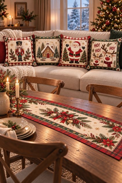 4-Piece Christmas Decorative Throw Pillow Cover and Runner Set Santa Claus Reindeer & Tree Christmas Printed Decorative Throw Pillow 2027 New Year Decoration 4-Piece Set Double-Sided Printing