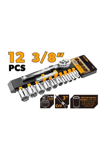 12-Piece 3/8 Inch Drive Ratchet Handle with SAE Sockets Set CR-V Chrome Vanadium, Imperial Inch-Size Socket Kit with Comfort Grip Ratchet for American Cars Vintage Machinery Repair