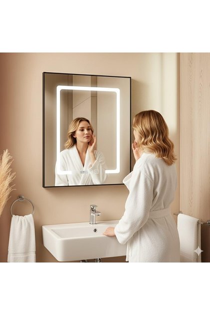 LED Bathroom Mirror Cabinet 50x70cm with LED Light, Wall Mounted Medicine Cabinet with Anti-Fog, Digital Clock, Touch Control Storage Organizer for Bathroom Vanity