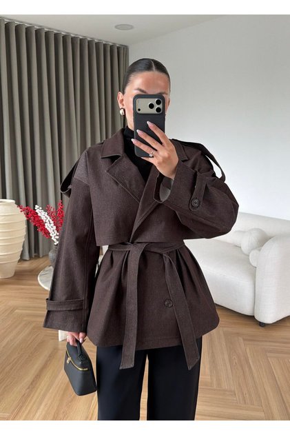 Denim Thin Medium Length Belted Windproof Trench Coat Dark Brown