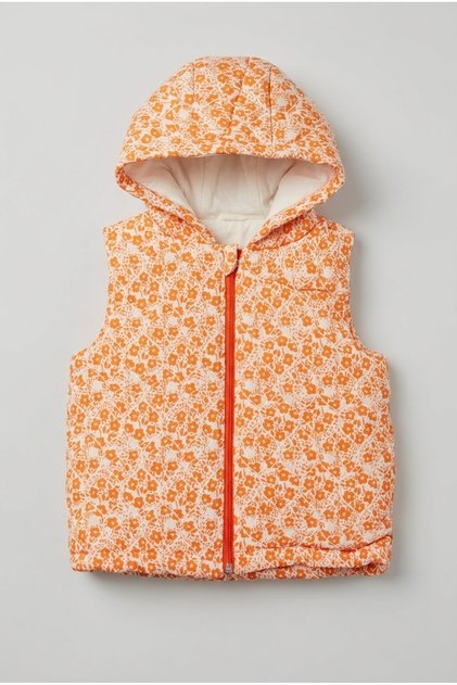 Girl's Floral Patterned Hooded Zippered Puffer Vest