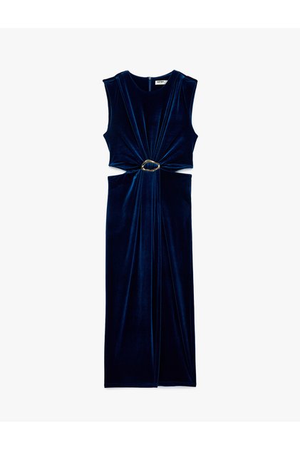 Sleeveless Crew Neck Velvet Midi Dress with Metal Accessories and Window Detail