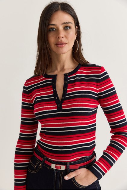 Women's Red-Navy Striped Button-Detailed V-Neck Fitted Knit Blouse 2739 60286637