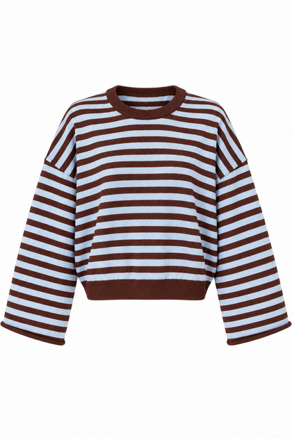 7087 Women's Striped Crew Neck Wide Sleeve Crop Knit Sweater Brown - Baby Blue