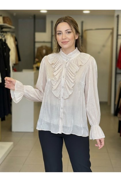 MKM Fashion Kadın Fırfır Detaylı, Taş Düğmeli, Parlak Şifon Bluz - Ekru / Siyah