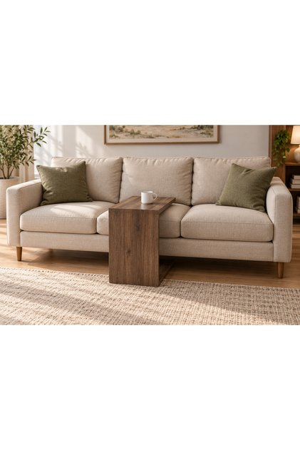 C-Shaped Sofa Side Table – Brown Wood-Grain Finish, 44 × 30 × 60 cm