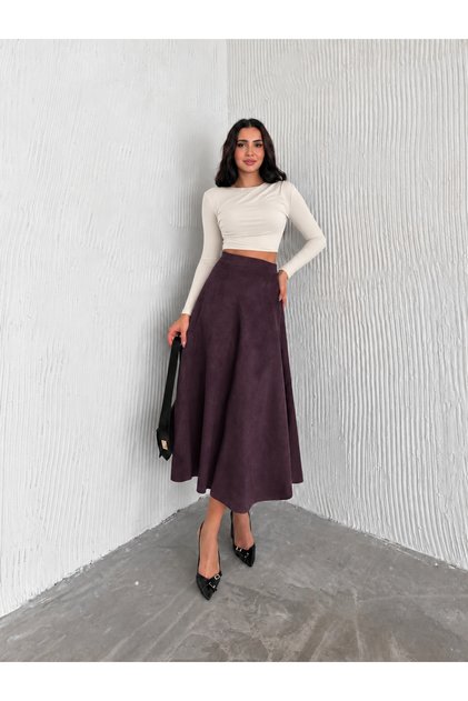 Women's Suede Plum (Purple) Color Flared Skirt