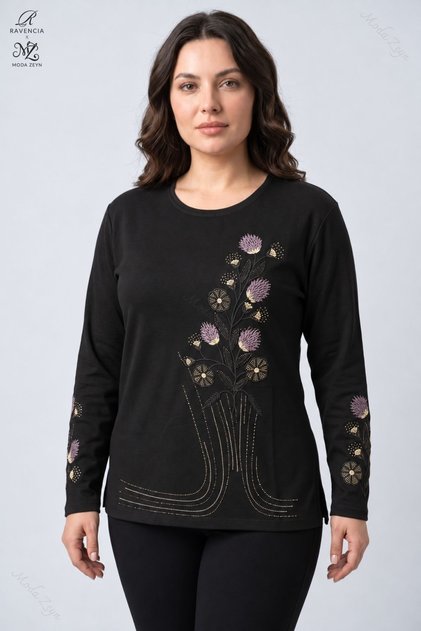Winter Clover Colorful Floral Patterned Stoned Embroidered Slit Lycra Women's Mother Combed Cotton Blouse