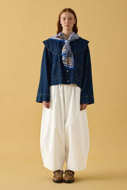 Pantaloni Shalwar din poplin ecru, cu croială largă
