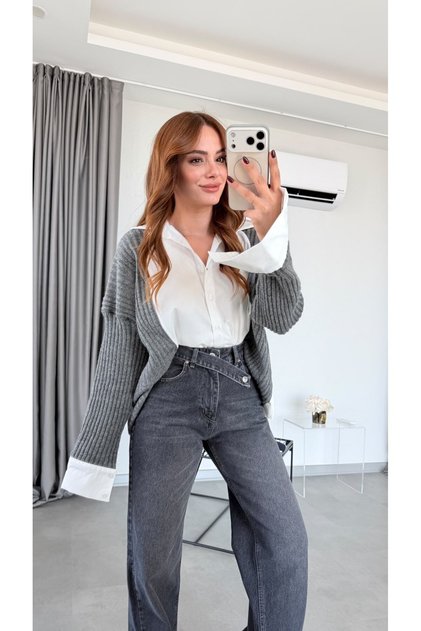 Beyaz Florin Triko Detaylı Tasarım Gömlek