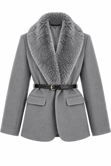Gri Kürk Yaka Peluş Ceket - 9688