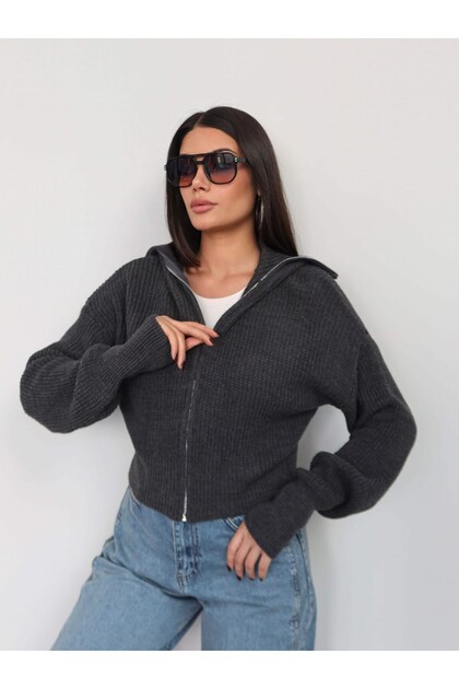 Layered Collar Zippered Knitwear Cardigan